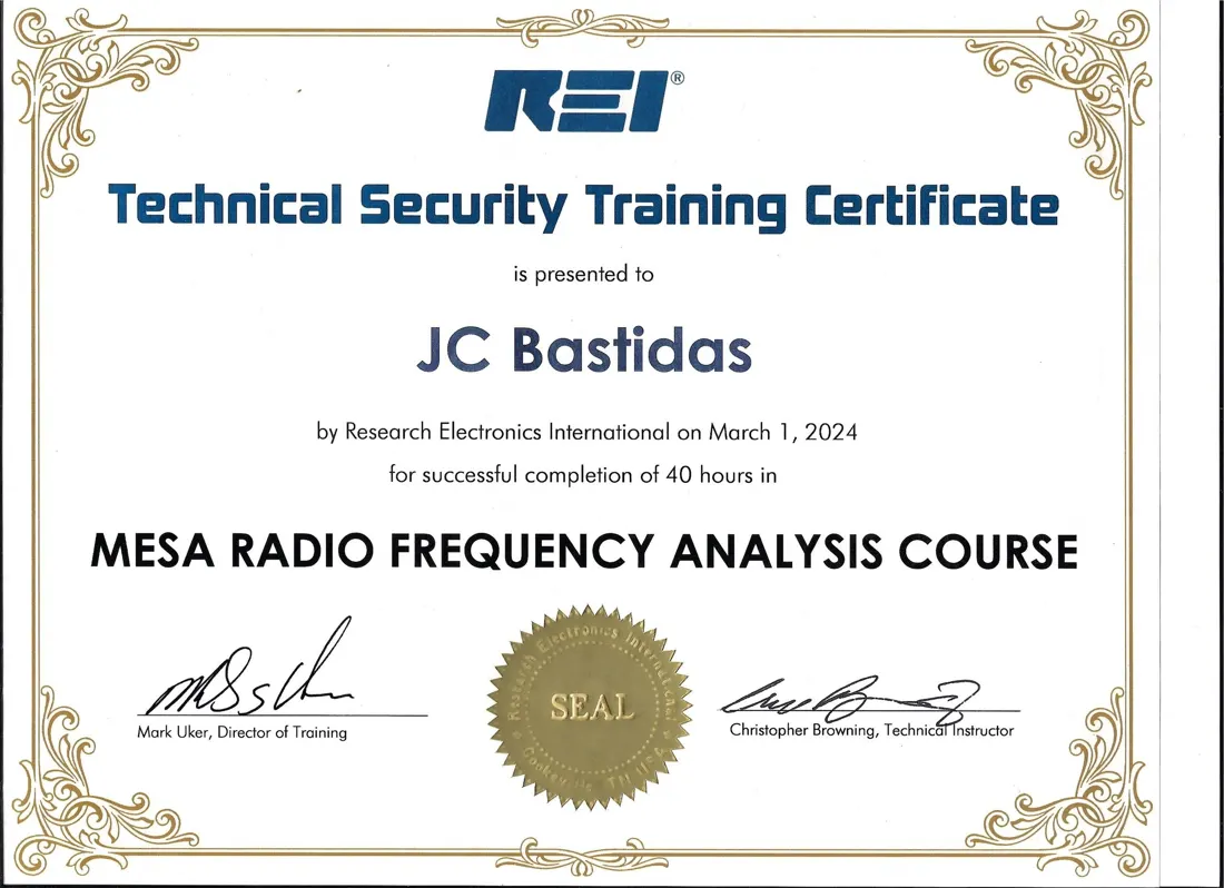Technical security training certificate for JC Bastidas