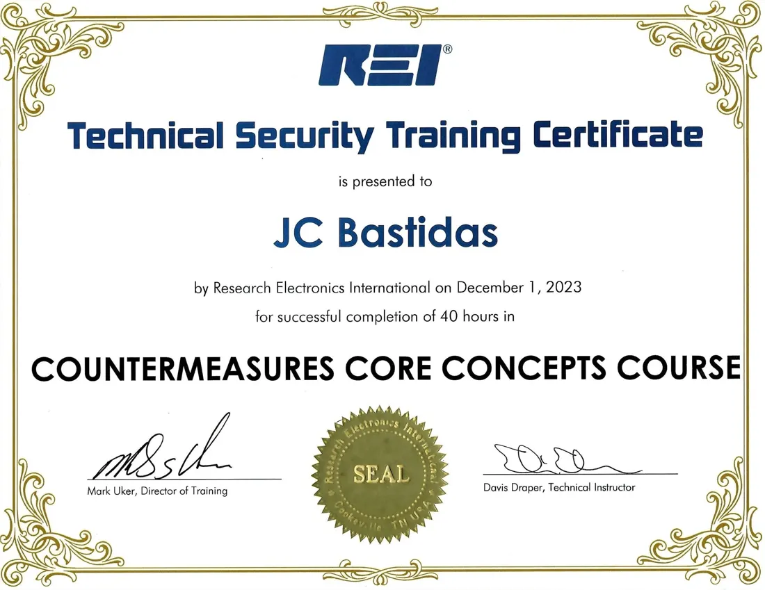 Certificate for JC Bastidas completing a technical surveillance countermeasures course