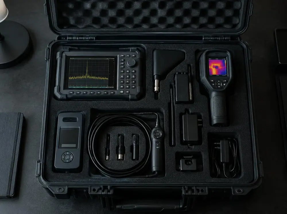 Case of TSCM equipment including a spectrum analyzer and thermal camera