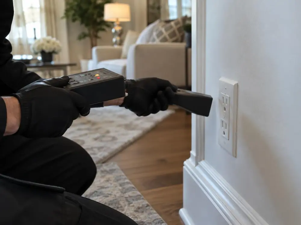 Technician scanning a wall outlet for hidden devices during a home bug sweep
