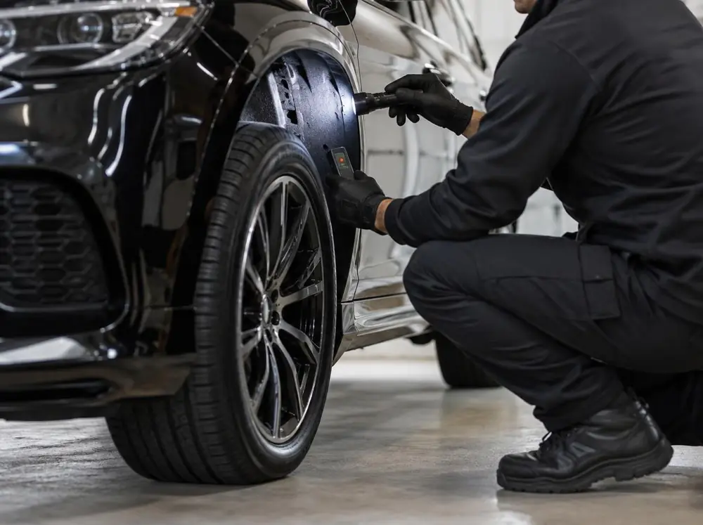 Technician inspecting a car's wheel well for a hidden GPS tracker